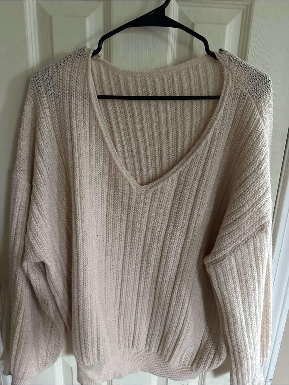 SHEIN Cream Ribbed V-Neck Knit Sweater